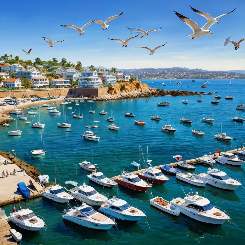 A scenic coastal landscape featuring a variety of boats, including luxurious yachts and colorful fishing boats, anchored near a lively marina. The background shows gentle waves and a clear blue sky, while seagulls soar overhead. In the foreground, a diverse group of people enjoy the seaside atmosphere, highlighting the rich experience of boating culture. super-realistic. vibrant colors. white background.