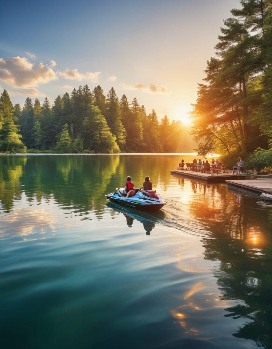A vibrant scene showing various watercrafts like a sailboat, jet ski, and canoe on a serene lake surrounded by lush greenery. In the foreground, a diverse group of people is discussing insurance plans on a picnic table with paperwork and charts. The sun is setting, casting a warm glow over the water, highlighting the excitement of water adventure. Bright colors, illustrating safety and enthusiasm for water activities. super-realistic. vibrant colors.