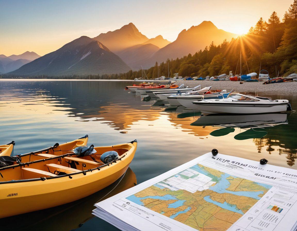 A serene lake scene with various watercrafts like sailboats, yachts, and kayaks at sunset, reflecting the golden hues on the water. In the foreground, a boat insurance policy document floats gently on the surface, surrounded by life jackets and a map. In the background, a vibrant horizon with mountains and a soft breeze indicated by fluttering flags. super-realistic. vibrant colors. sunset backdrop.